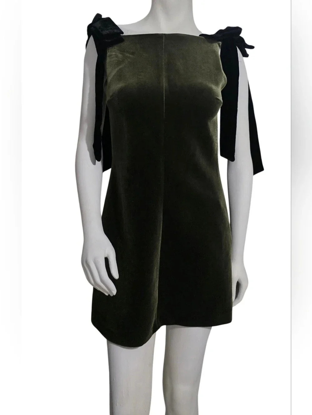 Zara Dark Olive Velvet Mini Dress with Shoulder Bows